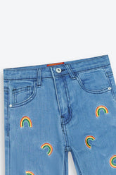 Girls Blue Wide Leg Rainbow Embroidered Pant